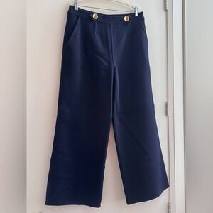 Luxurious Navy Blue Wool Wide Trousers with Gold Button Accents & Pockets